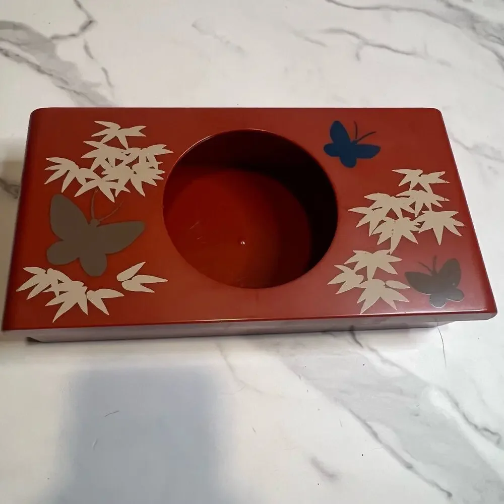 Vintage Retro Aquetta Ware Tissue Kleenex Holder Red Butterfly Floral Leaf MCM - Picture 2 of 13